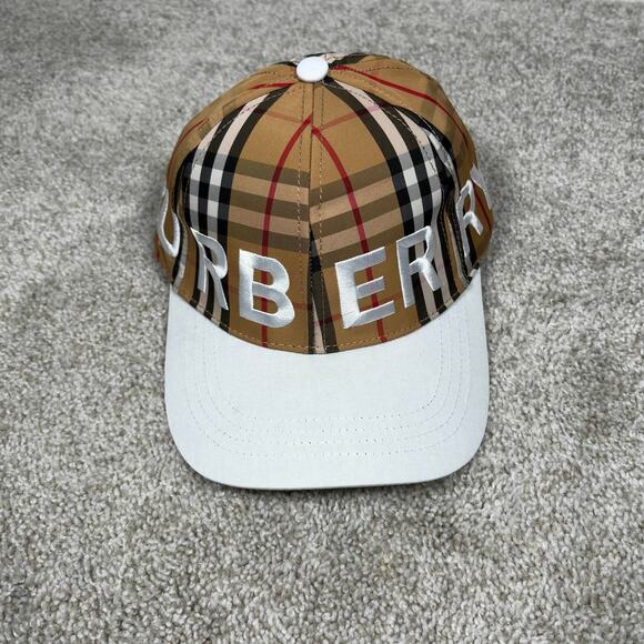 Burberry Check Logo Baseball Hat Tan Plaid White Brim Adjustable Cap - Picture 1 of 6